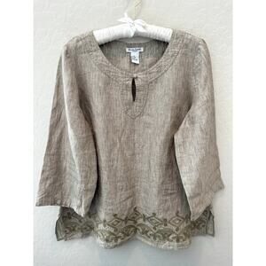 ALEXANDRA BARTLETT Woman Linen Blouse Beige Embroidered Hem Tunic Top | Size 1X